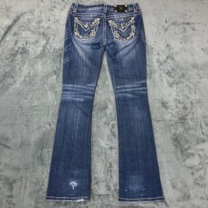 Miss Me Embellished Patched Signature Boot Cut Denim Blue Jeans Women's 27 29x33